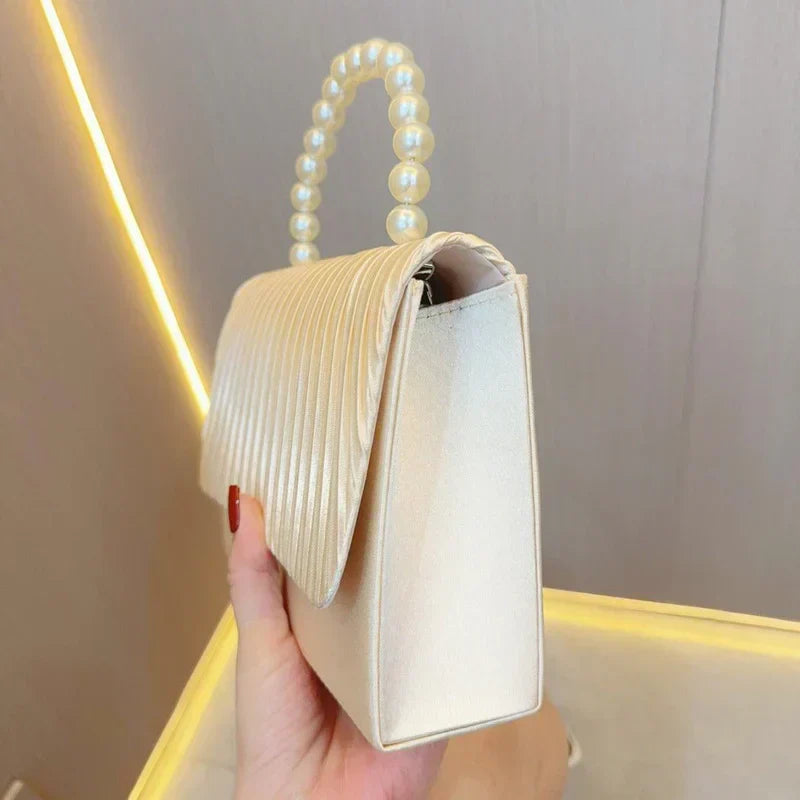 Womenâ€™s Elegant Pleated Pearl Evening Clutch