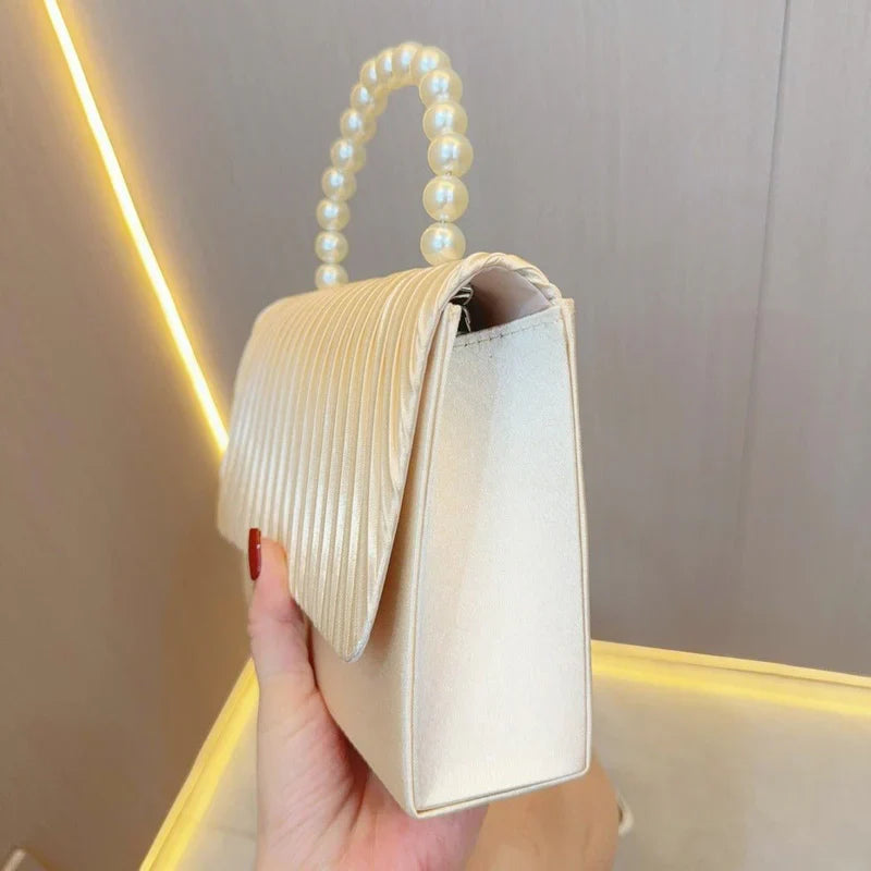 Women’s Elegant Pleated Pearl Evening Clutch