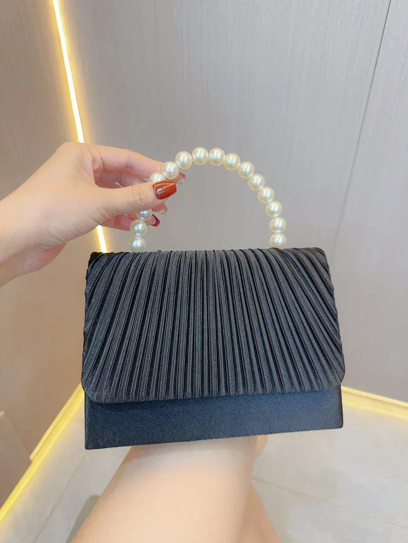 Women’s Elegant Pleated Pearl Evening Clutch